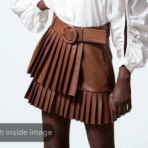 Zara Whiskey Faux Leather Pleated Belted Skirt